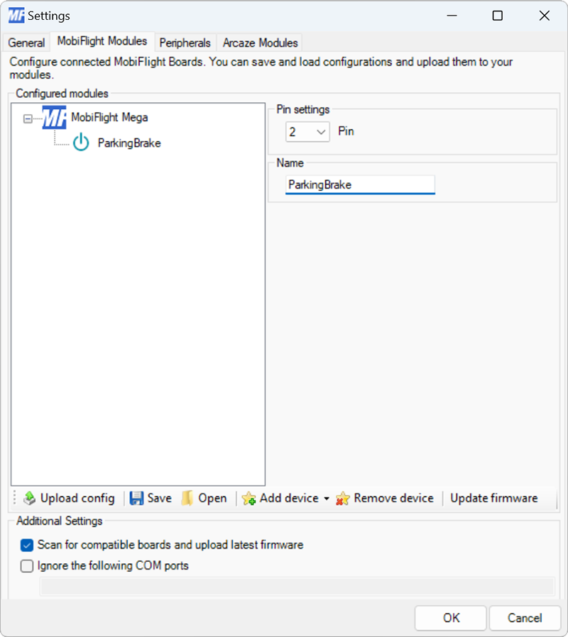 Screenshot of the settings for a button, with pin 2 selected, and ParkingBrake as the name.