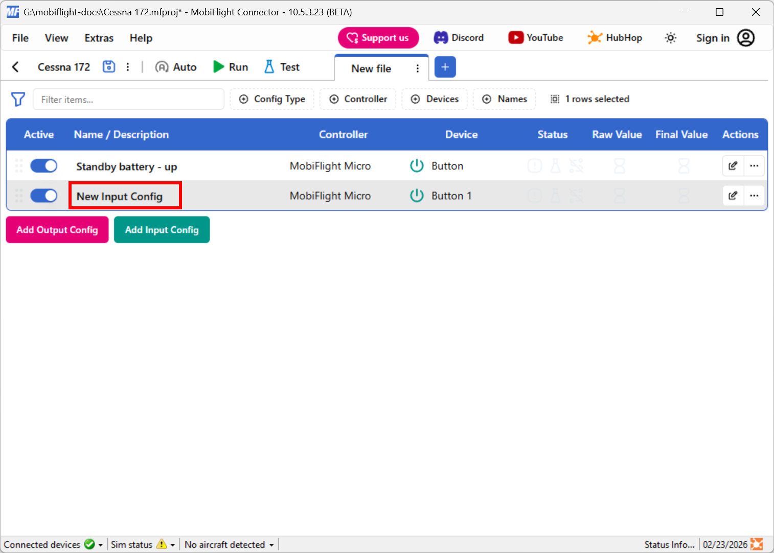 Screenshot of the main window with the New Input Config row text highlighted.