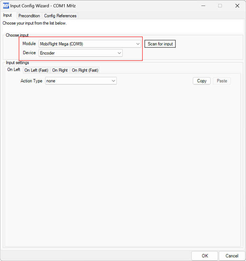 Screenshot of the input configuration dialog with a board and encoder selected.