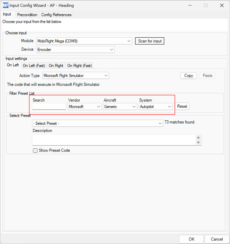 Screenshot of the on press filter preset list filtered by Microsoft / Generic / Controls.