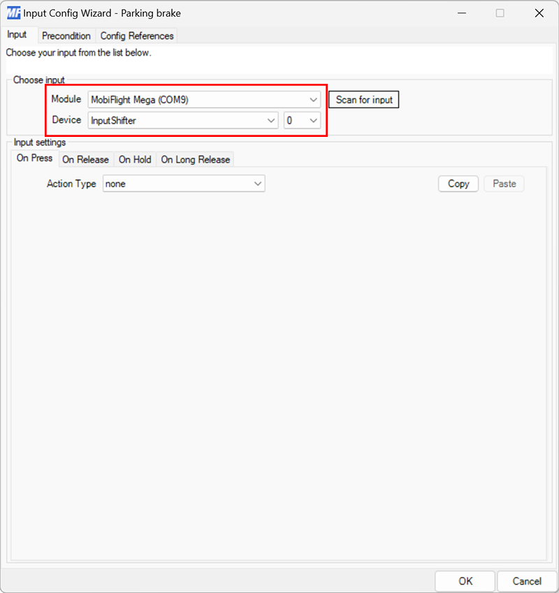 Screenshot of the input configuration dialog with a board and switch selected.