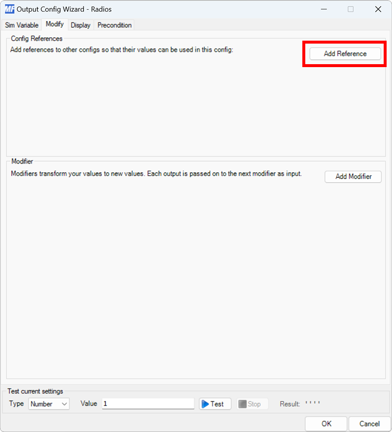 Screenshot of the output configuration dialog with the Modify tab selected and the Add Reference button highlighted.