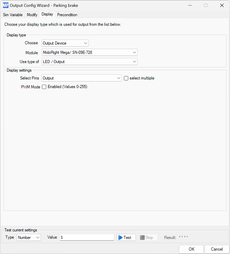 Screenshot of the Display tab with the LED output type selected for a single output.