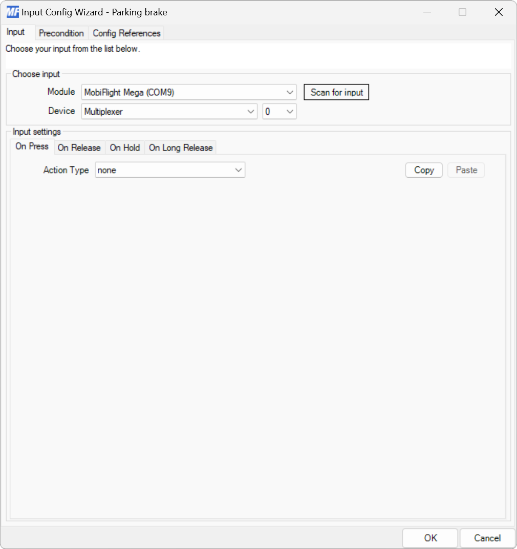 Screenshot of the input configuration wizard for a multiplexer, with the Multiplexer and input 0 selected.