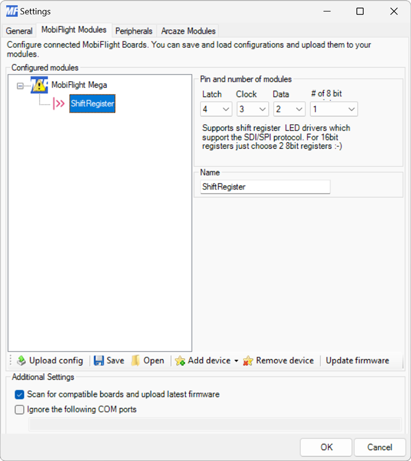 Screenshot of the settings for an output shift register, with pin 2, 3 and 4 selected, one 8-bit group, and Shift Register as the name.