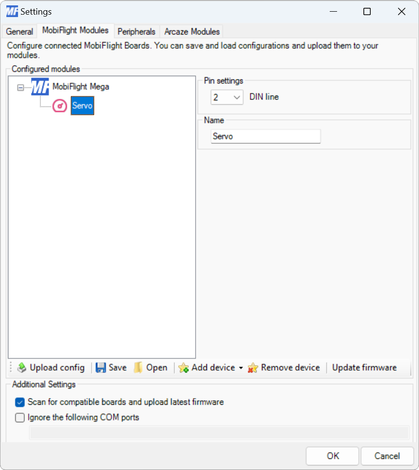 Screenshot of the Modules dialog with the servo configuration showing.