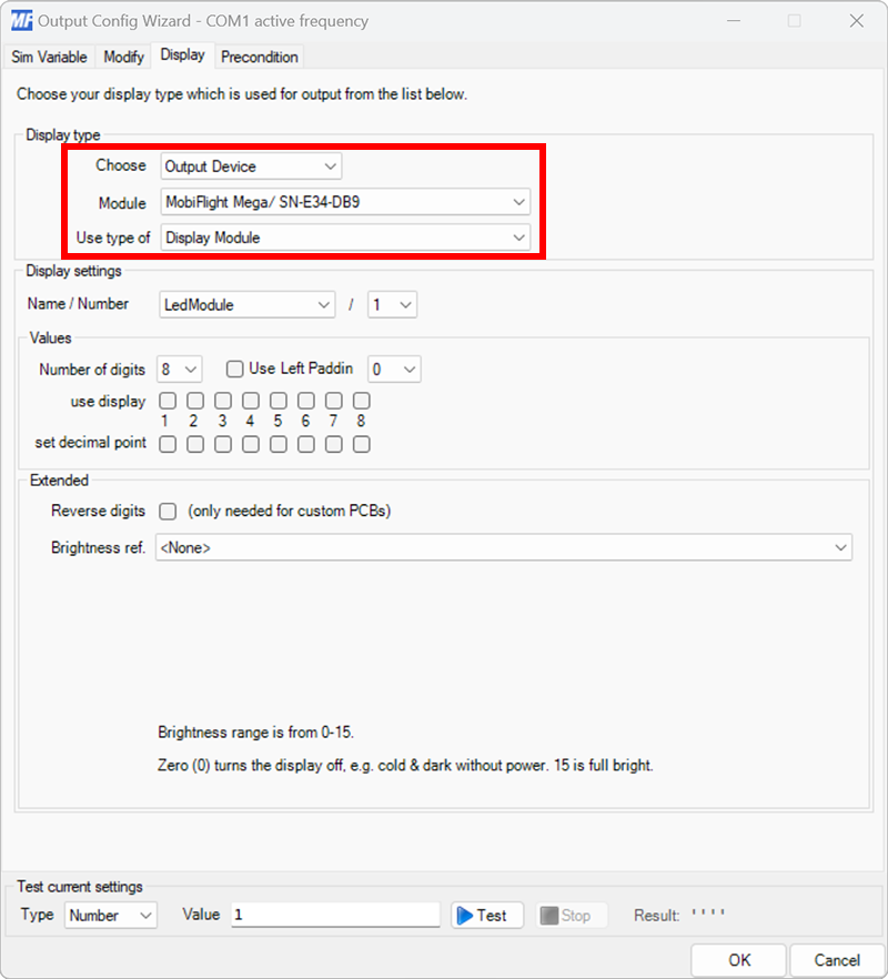 Screenshot of the display tab in the output dialog with a board and Display Module type selected.