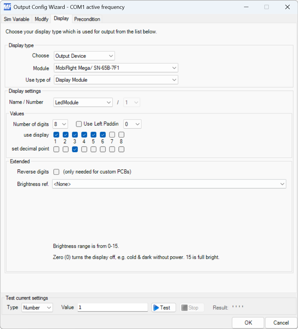 Screenshot of the Display tab with the Display Module type set to MAX7219 and configured to use display digits 1--6 with a decimal point at position 3.