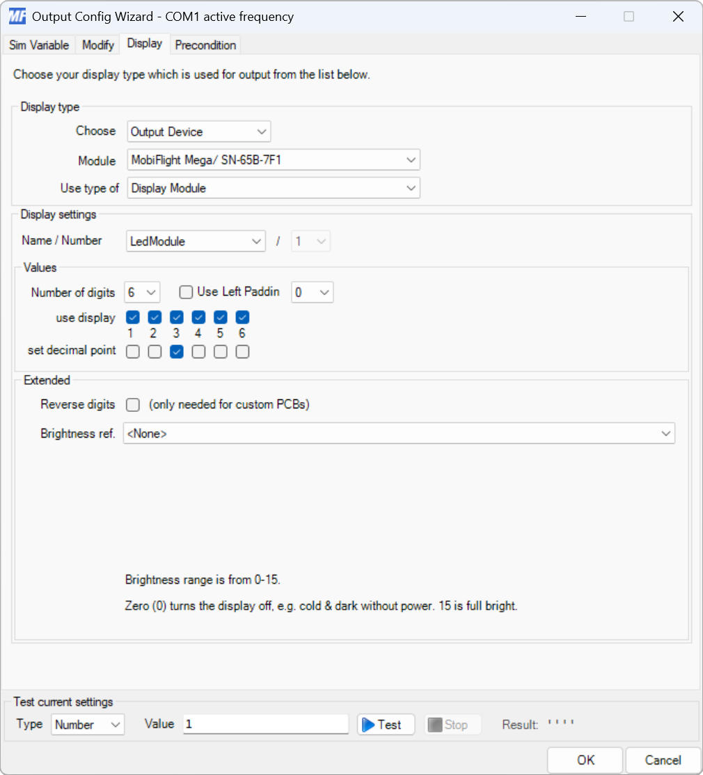 Screenshot of the Display tab with the Display Module type set to TM1637 and configured to use display digits 1--6 with a decimal point at position 3.