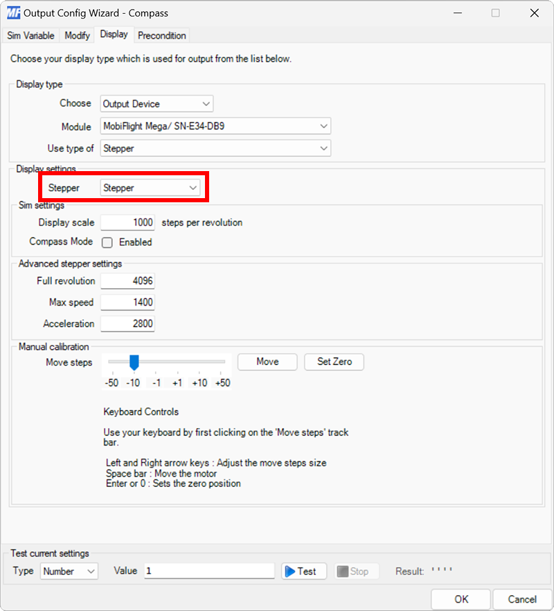 Screenshot of the display tab in the output dialog with Stepper selected in the Stepper dropdown.