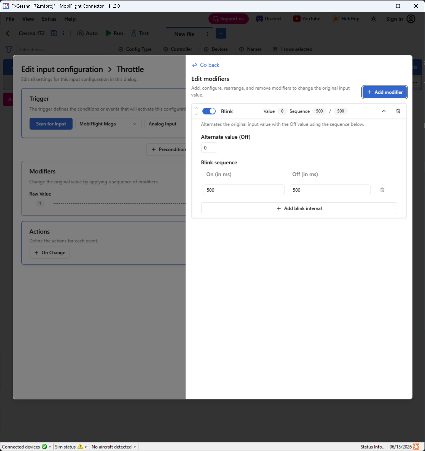 Screenshot of an input configuration with the Modify pane open and a blink modifier in edit mode.