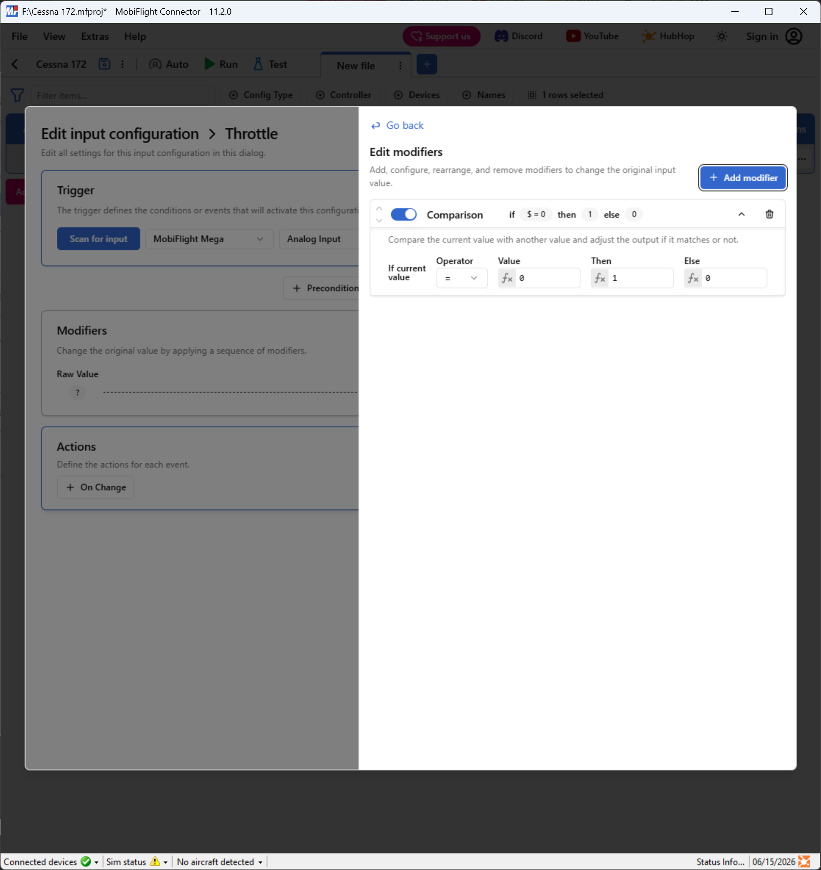 Screenshot of an input configuration with the Modify pane open and a compare modifier in edit mode.