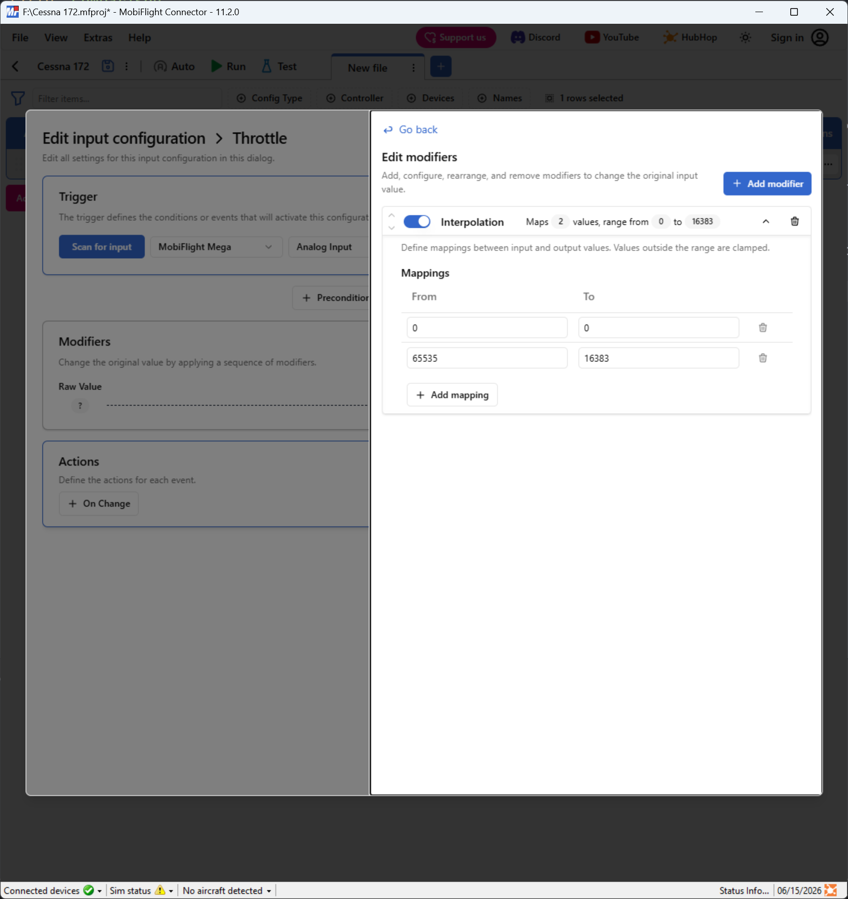 Screenshot of an input configuration with the Modify pane open and an interpolation modifier in edit mode.