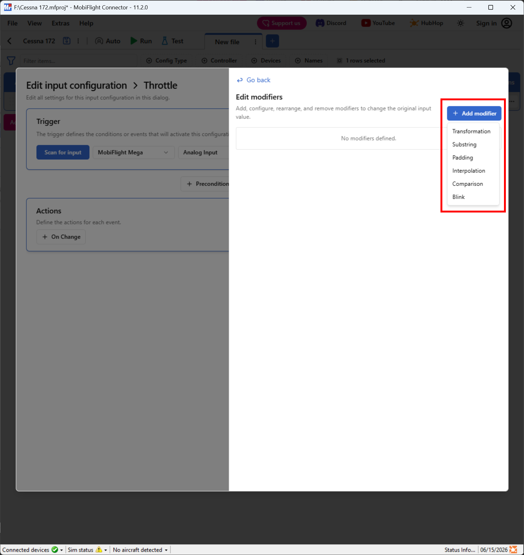 Screenshot of an input configuration with the Modify pane open and the Add Modifier menu button open.