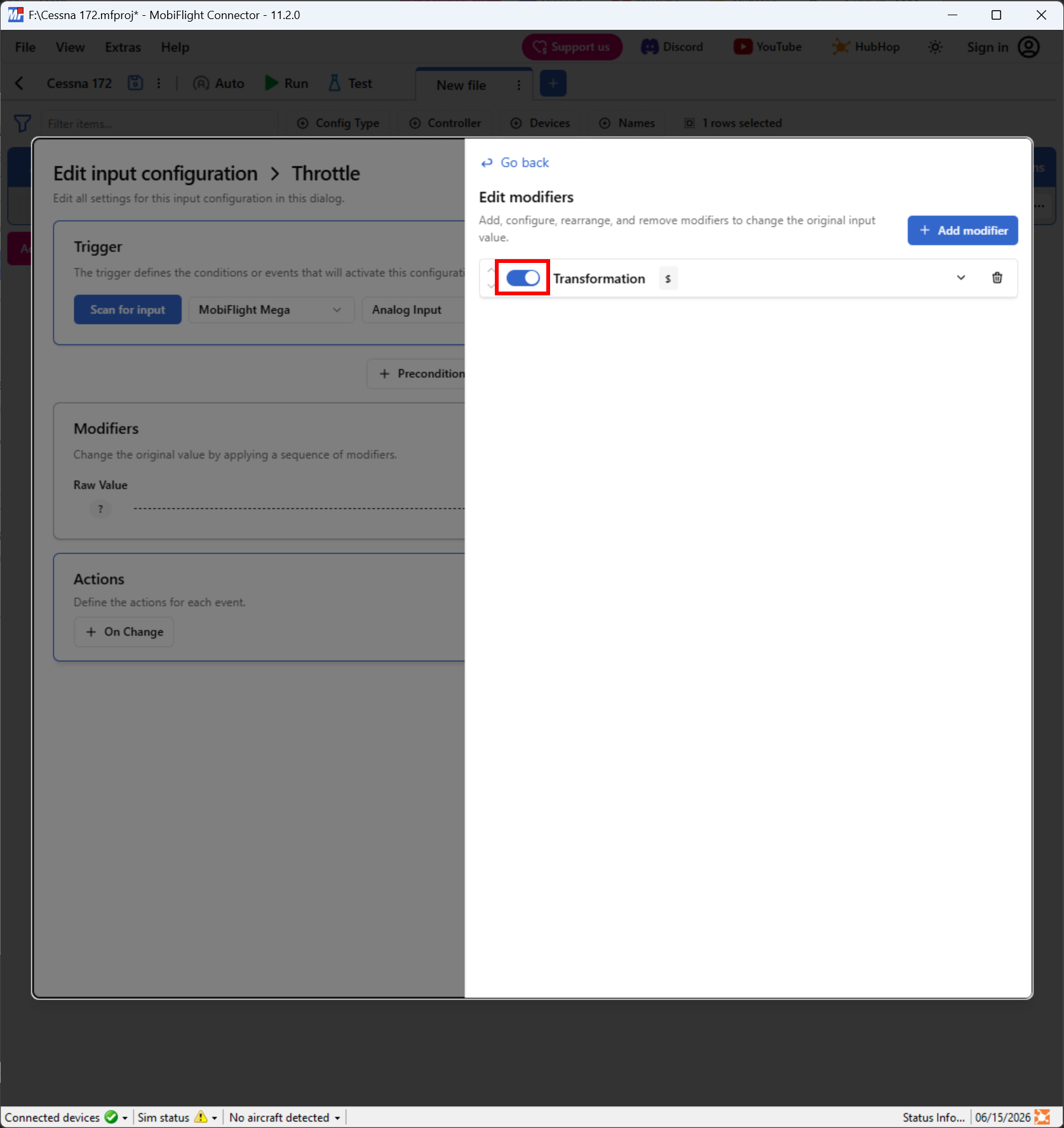 Screenshot of the Modifiers pane with the toggle switch highlighted.