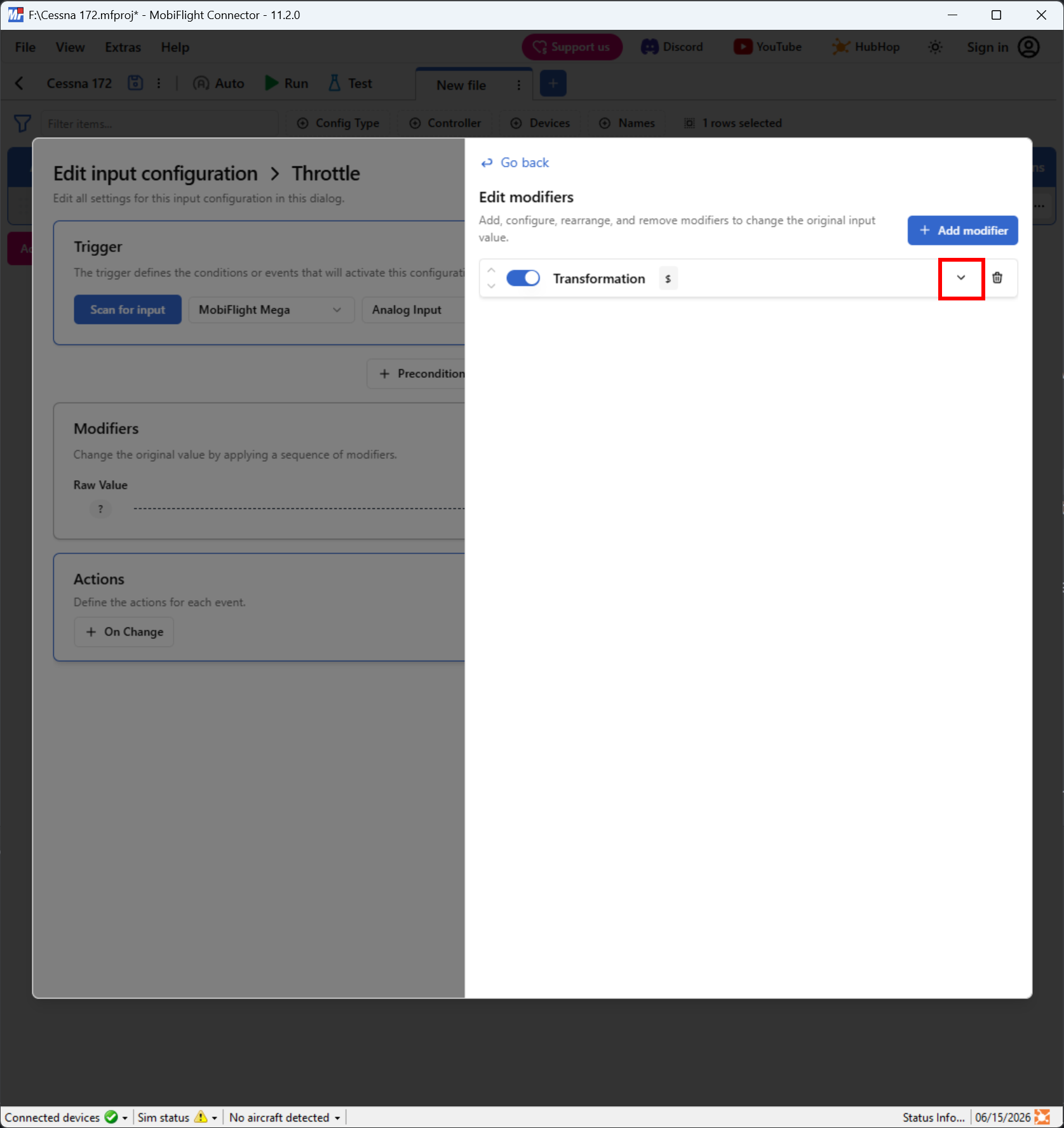 Screenshot of an input configuration with the Modify pane open and a Transformation modifier highlighted.