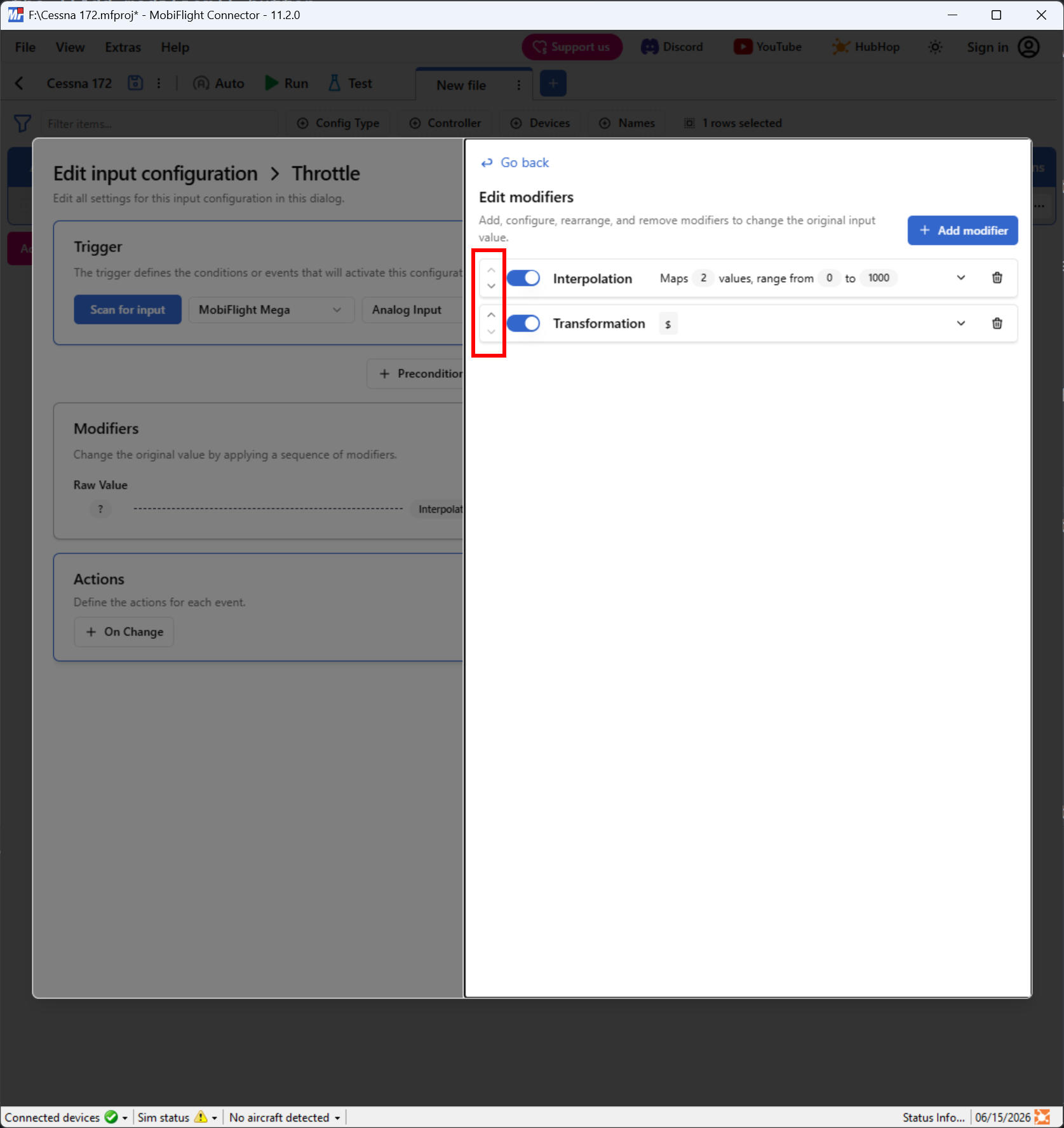 Screenshot of an input configuration with the Modify pane open, two modifiers listed, and the re-ordering arrows highlighted.