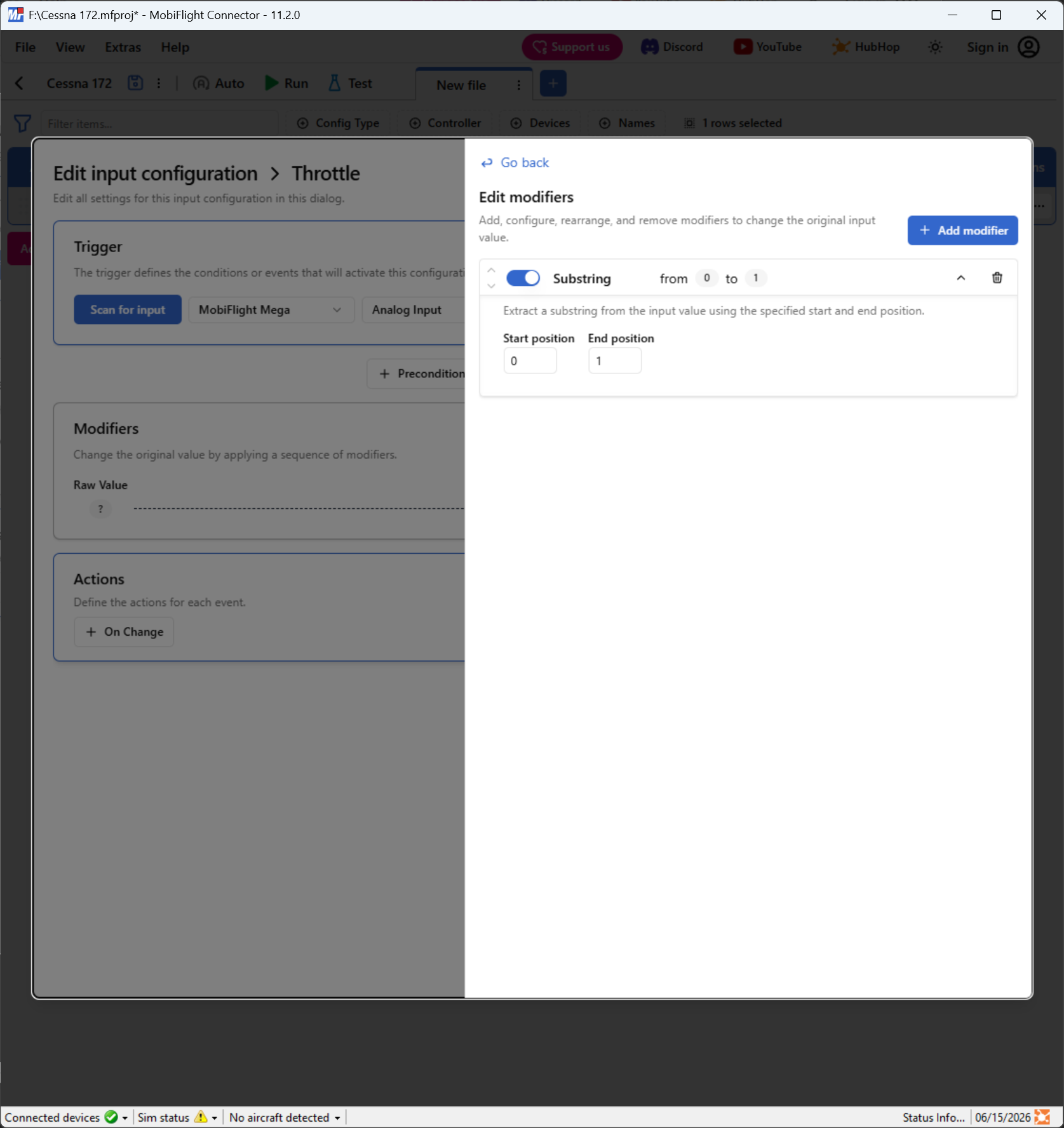 Screenshot of an input configuration with the Modify pane open and a substring modifier in edit mode.