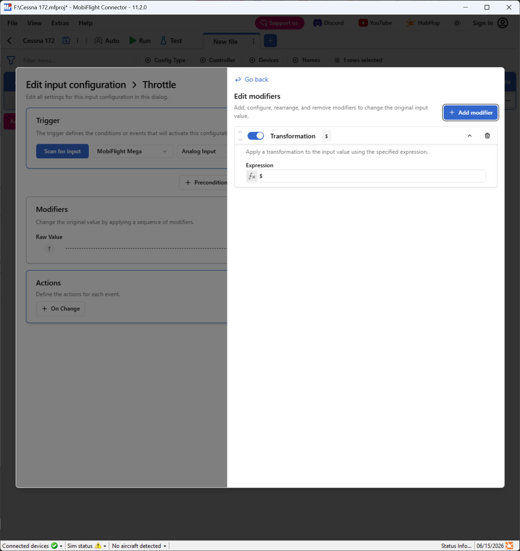 Screenshot of an input configuration with the Modify pane open and a transformation modifier in edit mode.