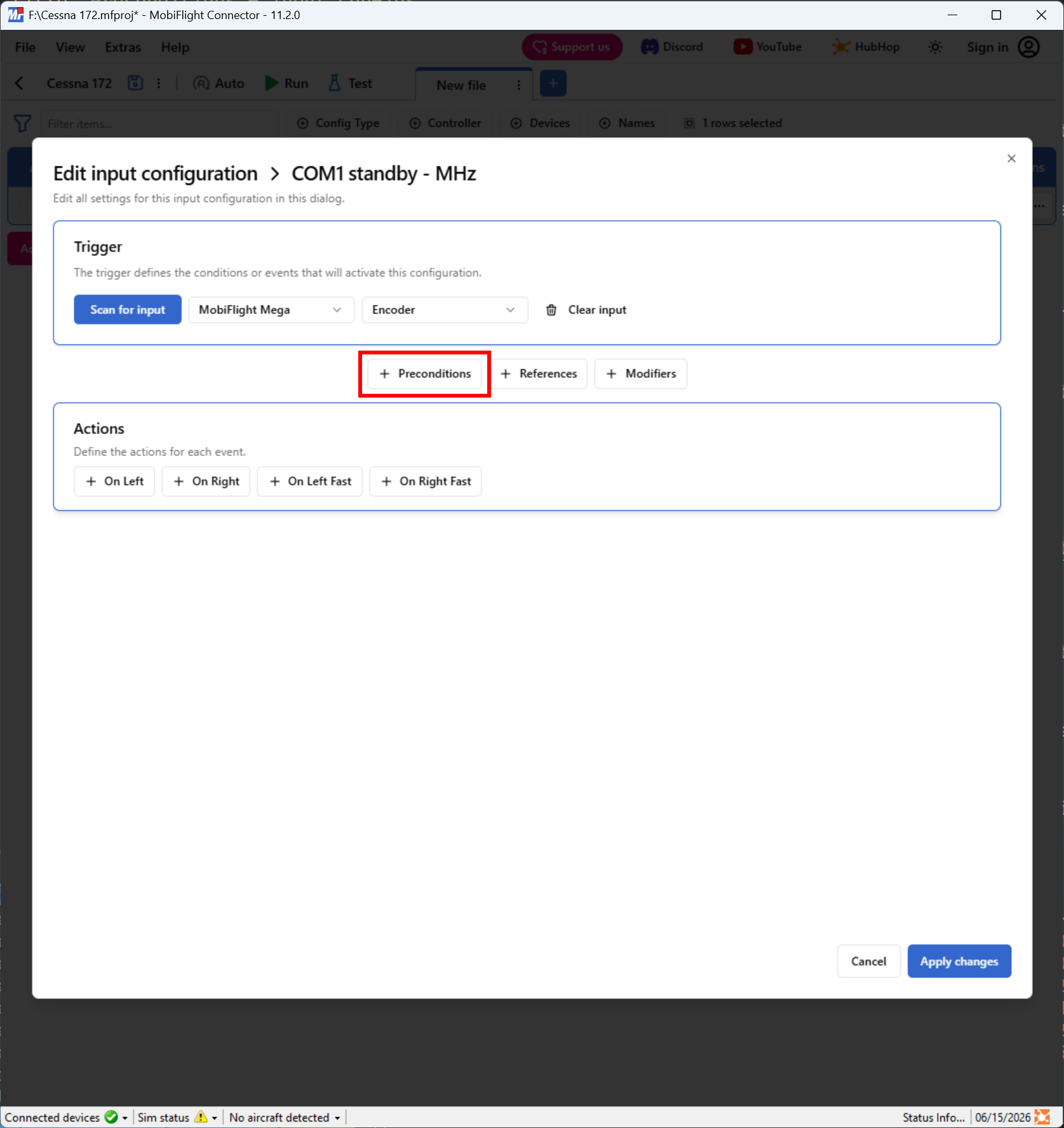 Screenshot of an input config with the Precondition button highlighted.