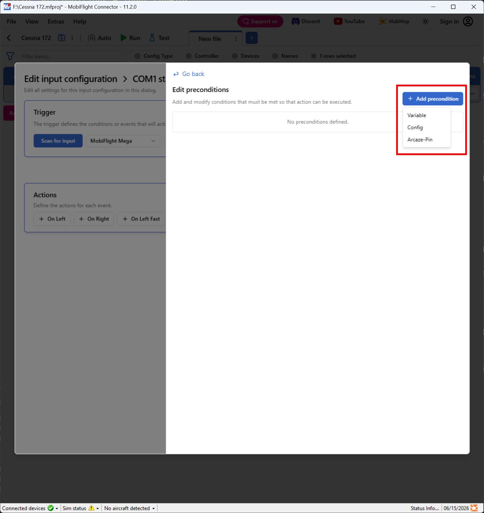 Screenshot of the preconditions pane with the list of precondition types highlighted.