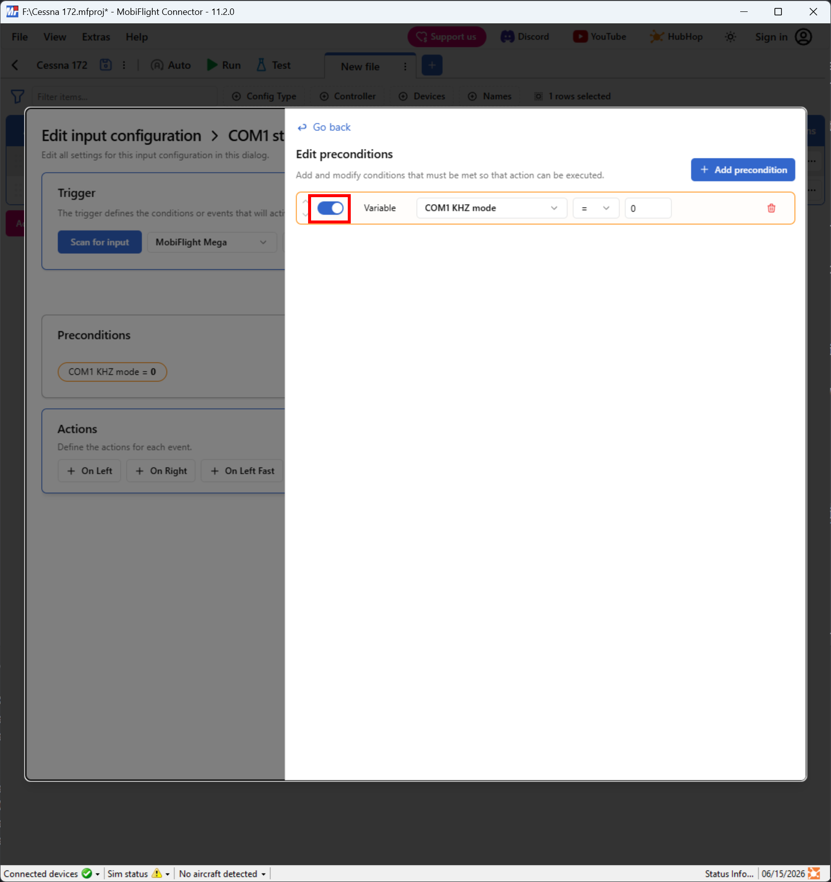 Screenshot of the preconditions pane with the toggle switch highlighted.