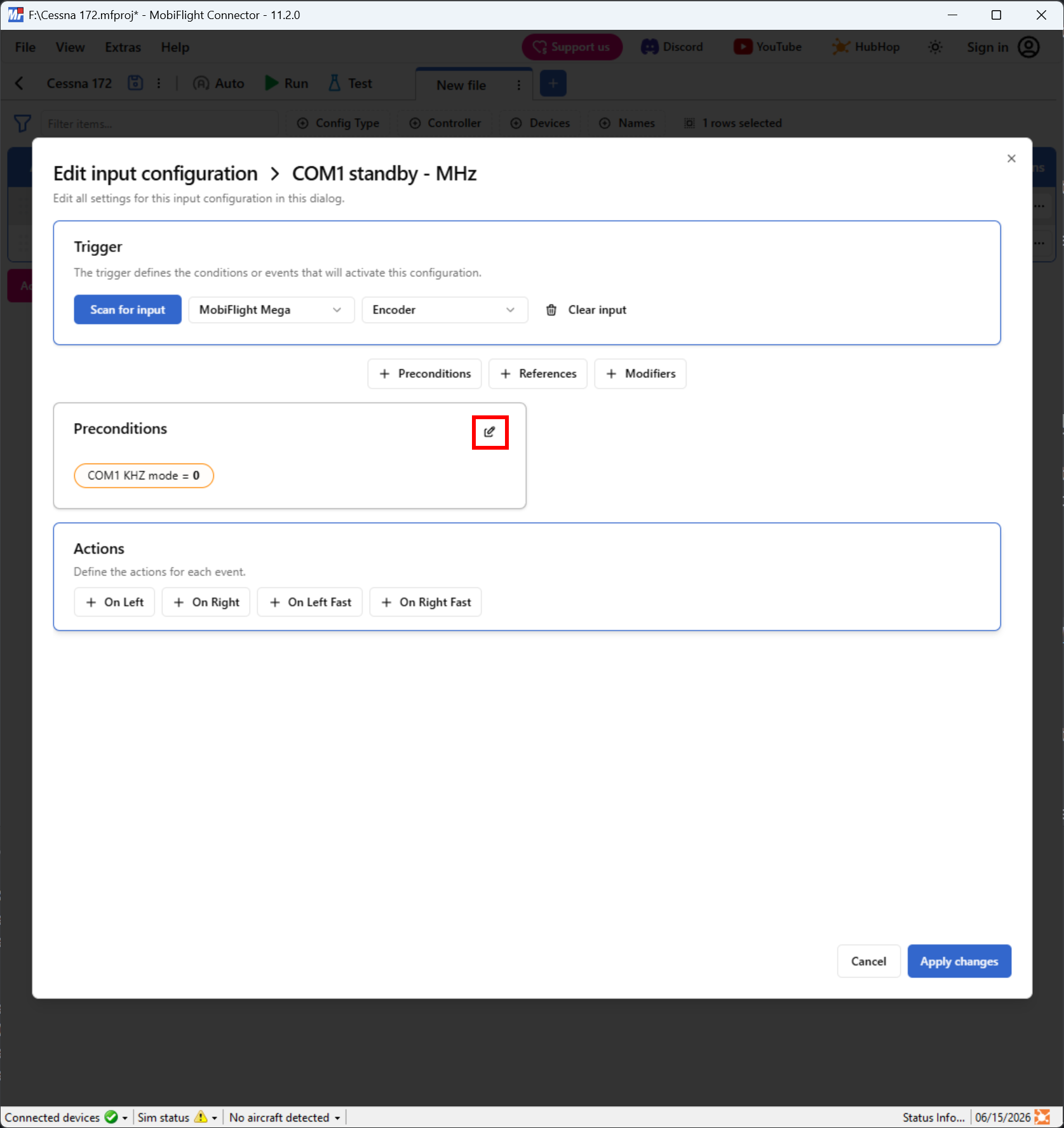 Screenshot of an input config with the precondition edit button highlighted.