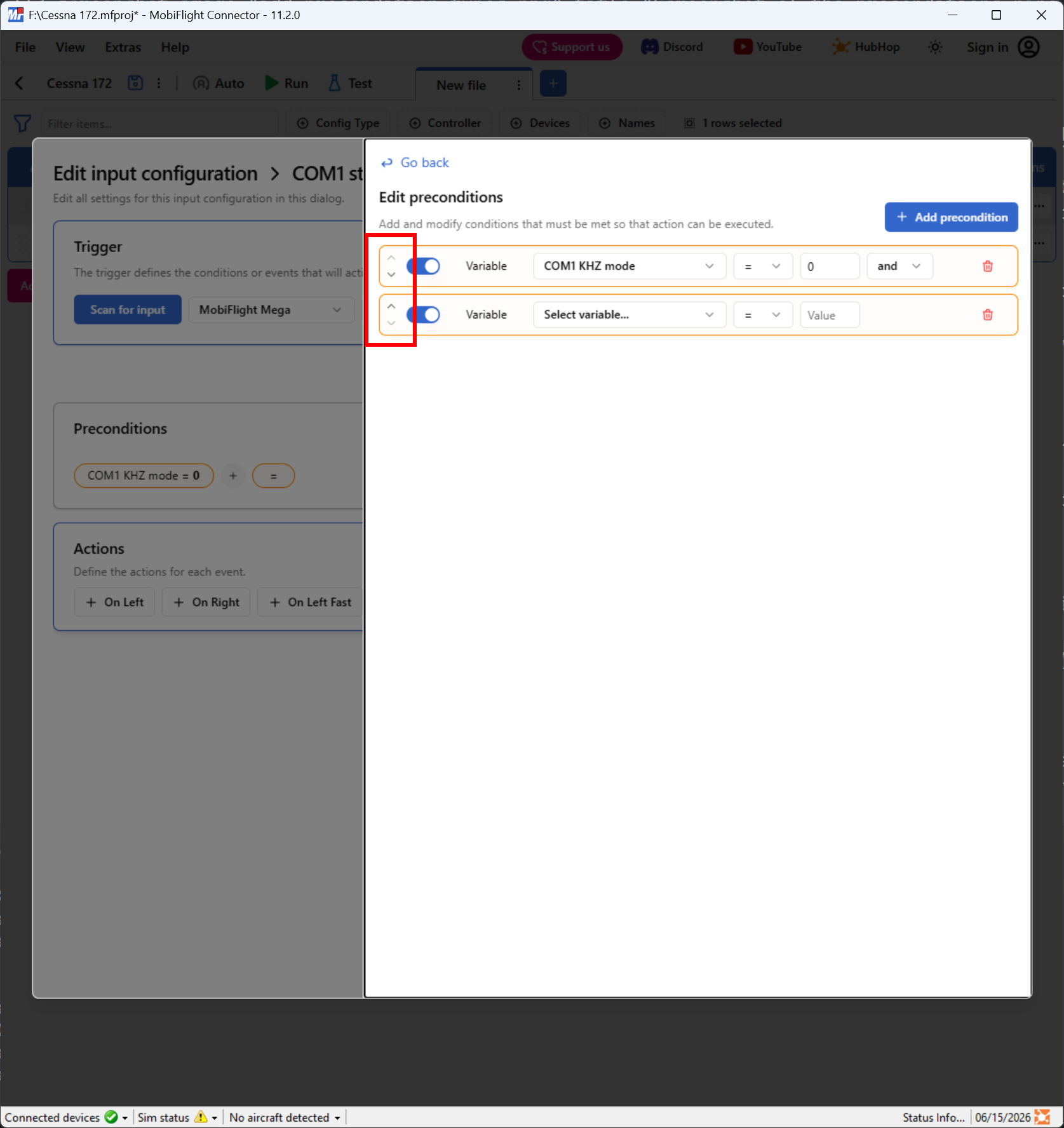Screenshot of the preconditions pane with the re-order arrows highlighted.