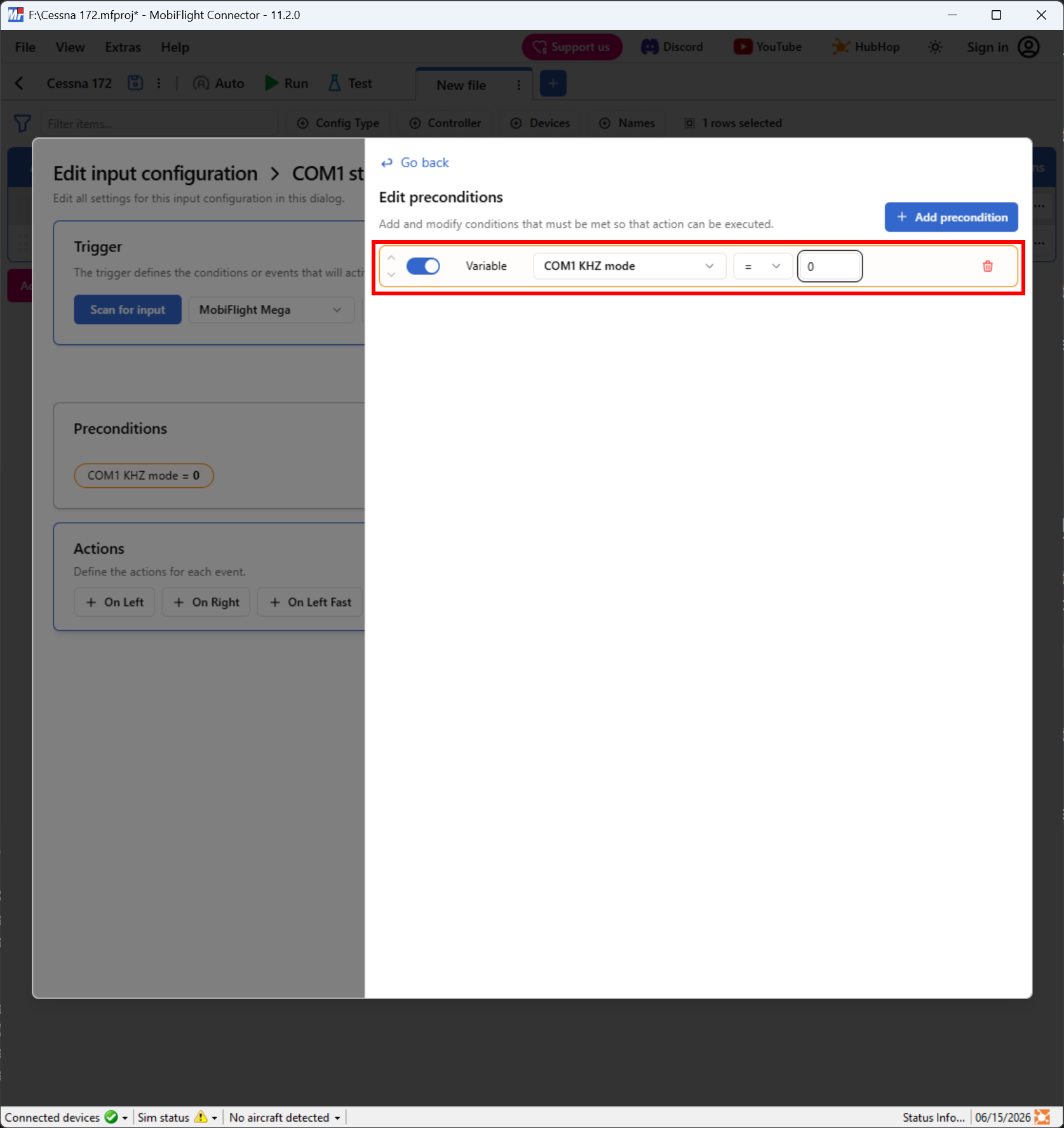 Screenshot of the preconditions pane with a variable precondition configured.