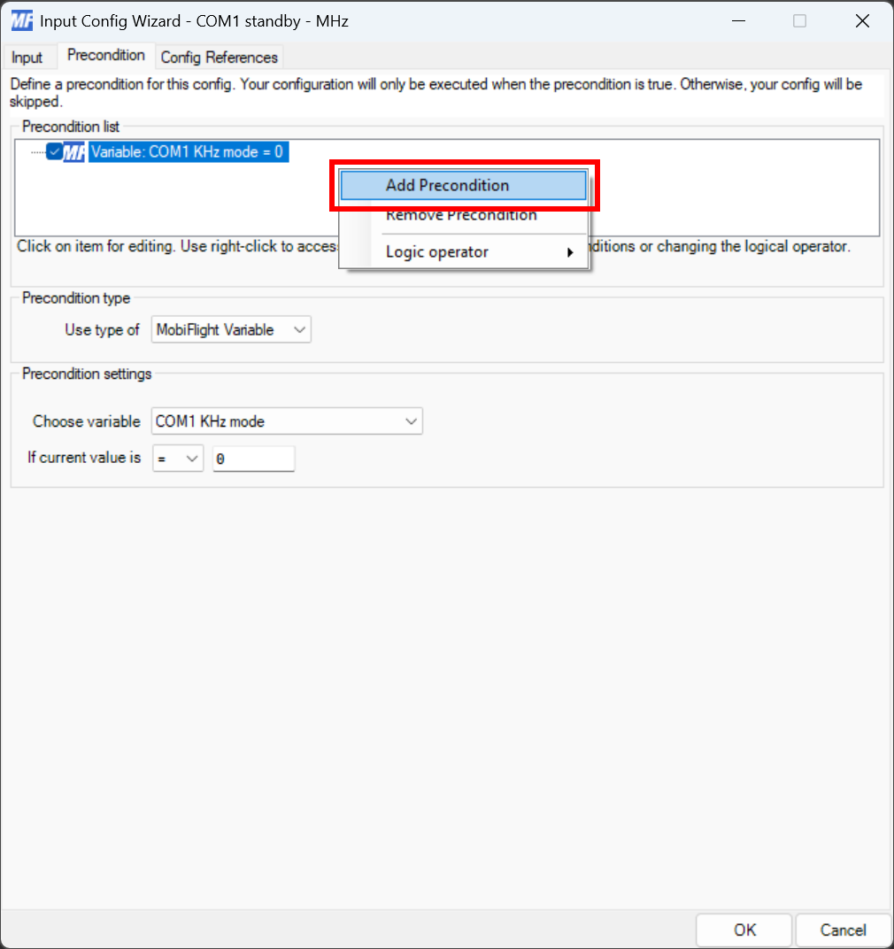 Screenshot of a precondition with the context menu open and the Add Precondition menu item highlighted.