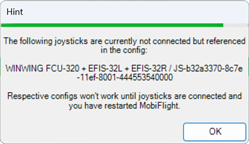 Screenshot of the orphaned device warning dialog indicating the WinCtrl joystick in the profile is not found.