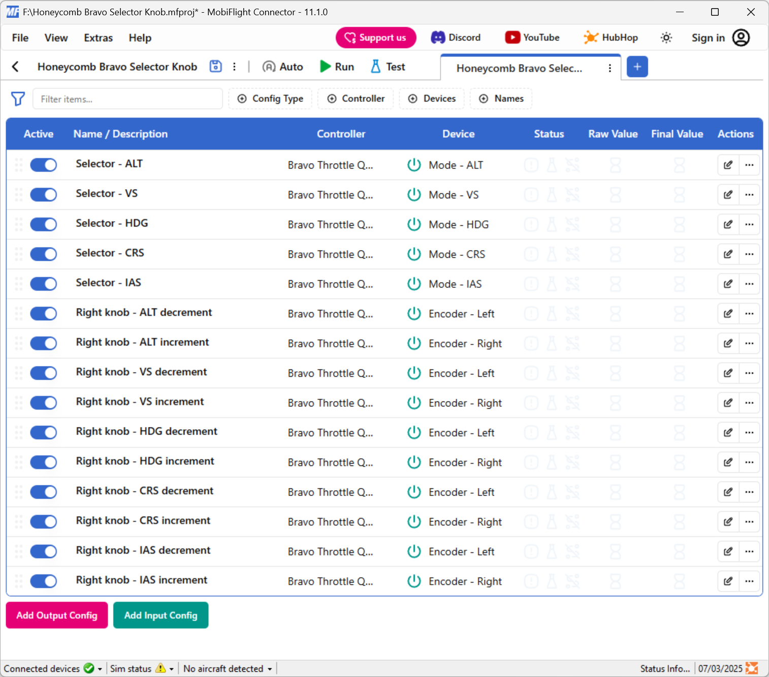 Screenshot of the main MobiFlight window with all the input configs created.