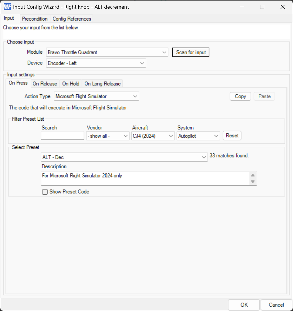 Screenshot of the device tab for the right knob - ALT decrement input config.