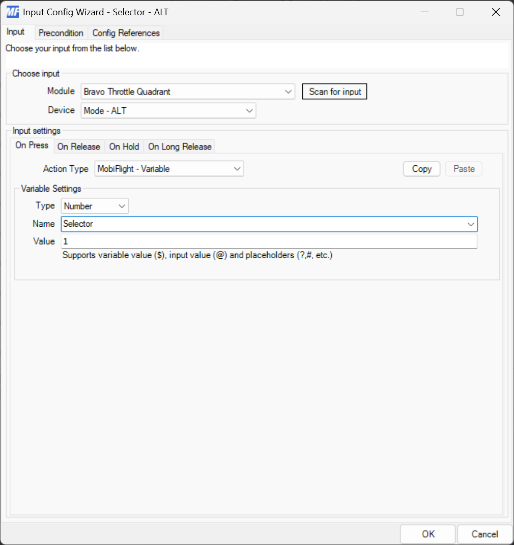 Screenshot of the input config wizard configured for the ALT selector knob.