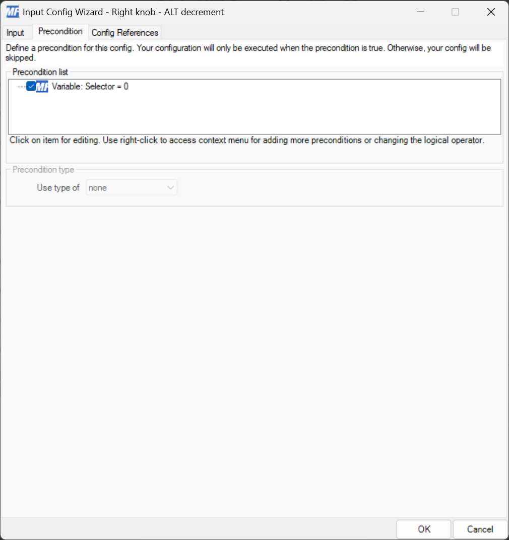 Screenshot of the precondition tab for the right knob - ALT decrement input config.