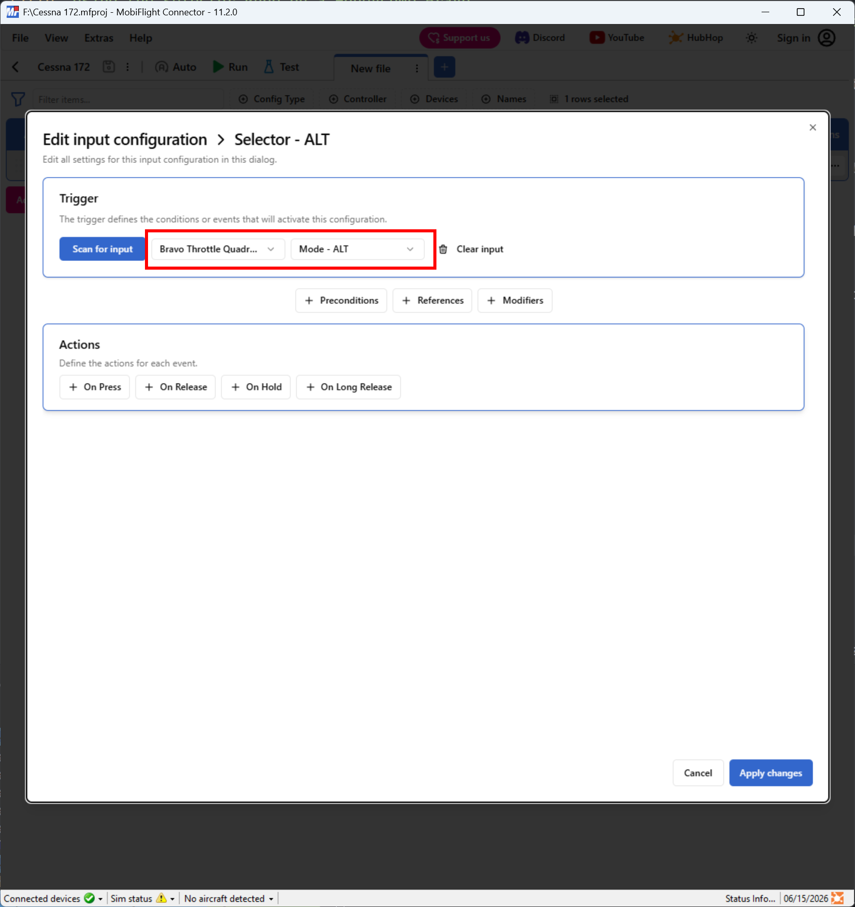 Screenshot of an input config with the trigger set to the Mode - Alt input on a Bravo Throttle Quadrant.