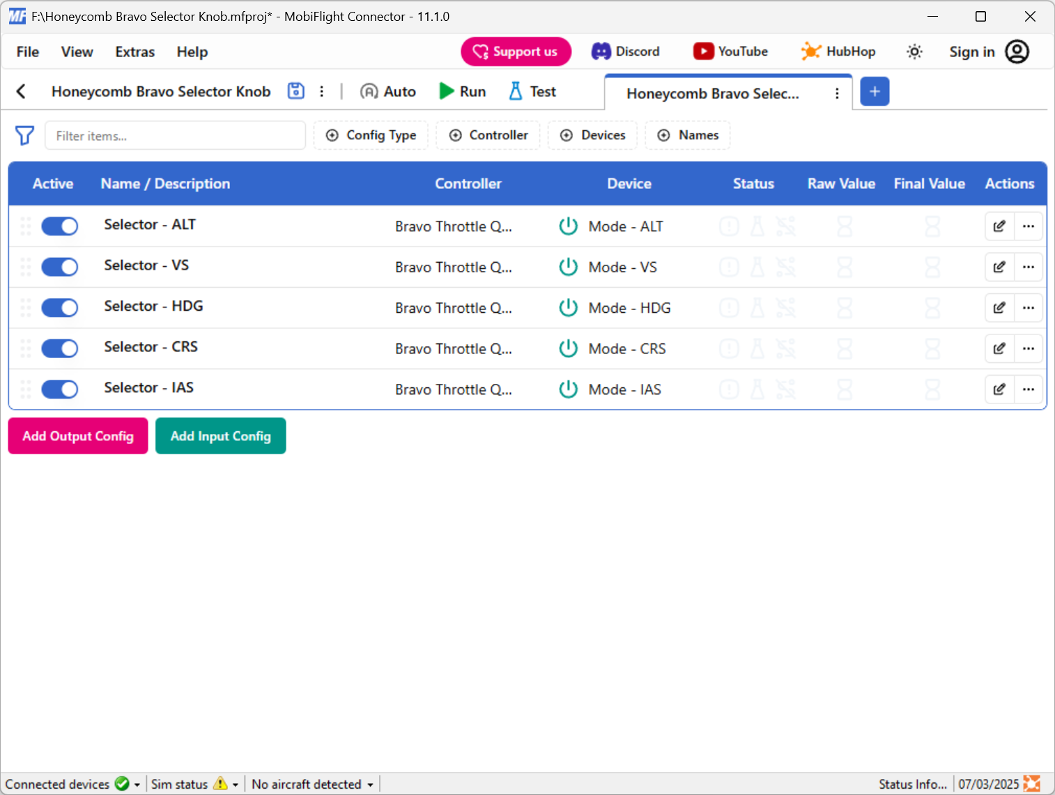 Screenshot of the main MobiFlight window with the selector knob configs added.