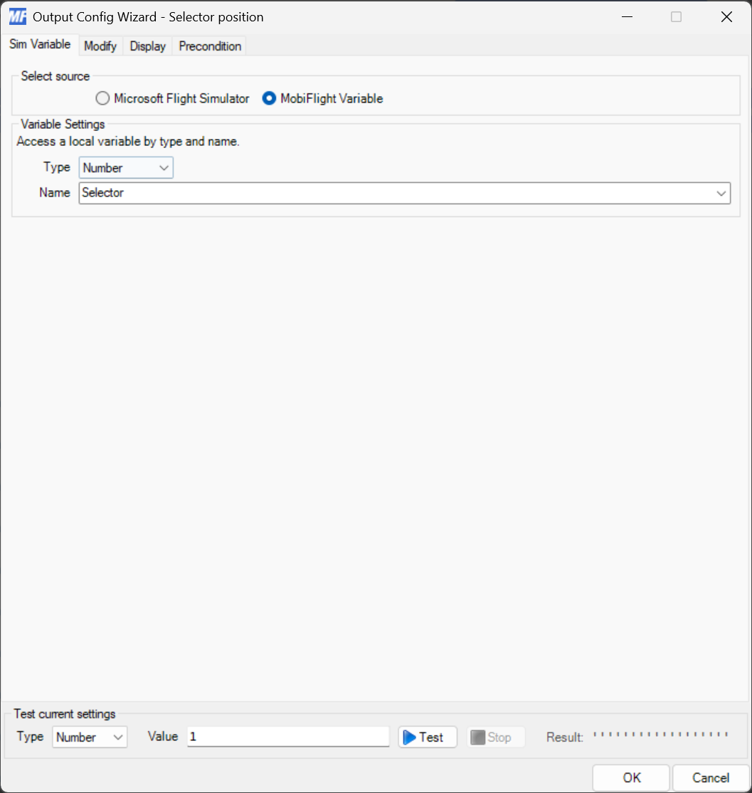 Screenshot of an output config set up to display the value of the selector knob variable.