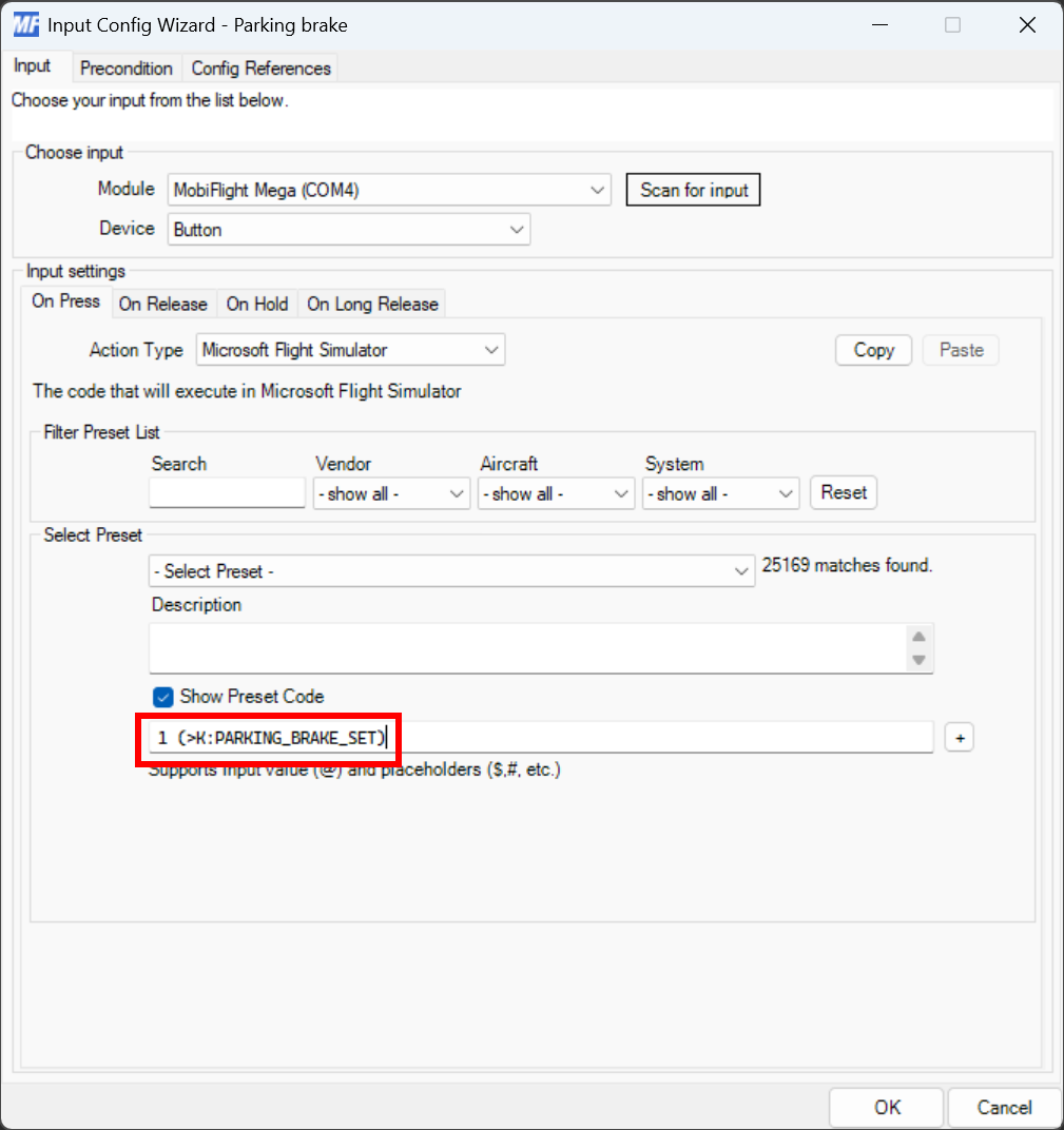 Screenshot of a MobiFlight input configuration with the custom code for applying the parking brake.