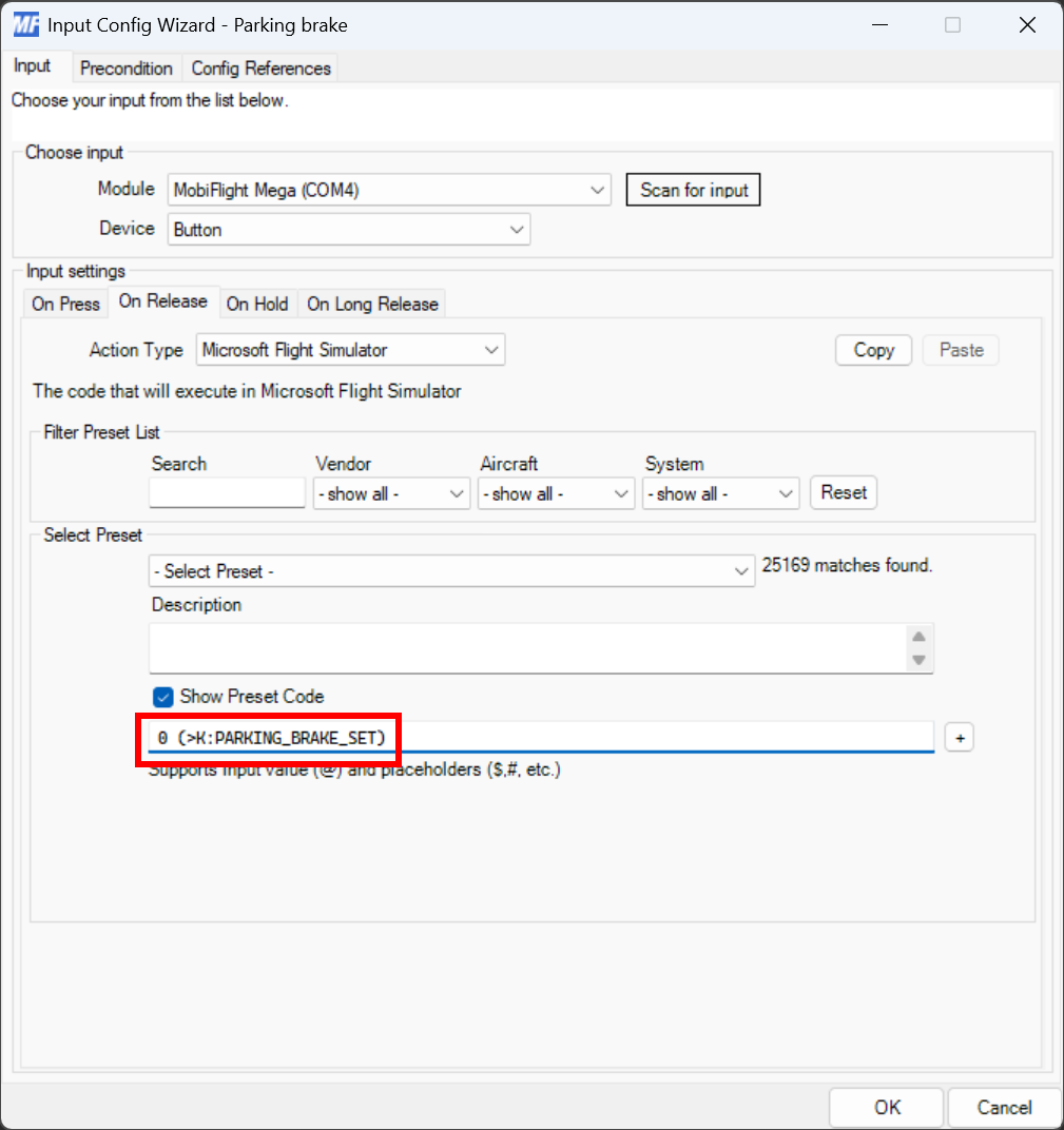 Screenshot of a MobiFlight input configuration with the custom code for releasing the parking brake.