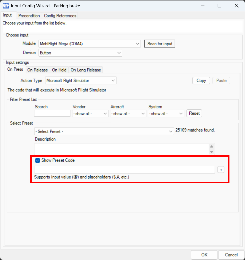 Screenshot of a MobiFlight input configuration with the Show Preset Code option checked and highlighted.