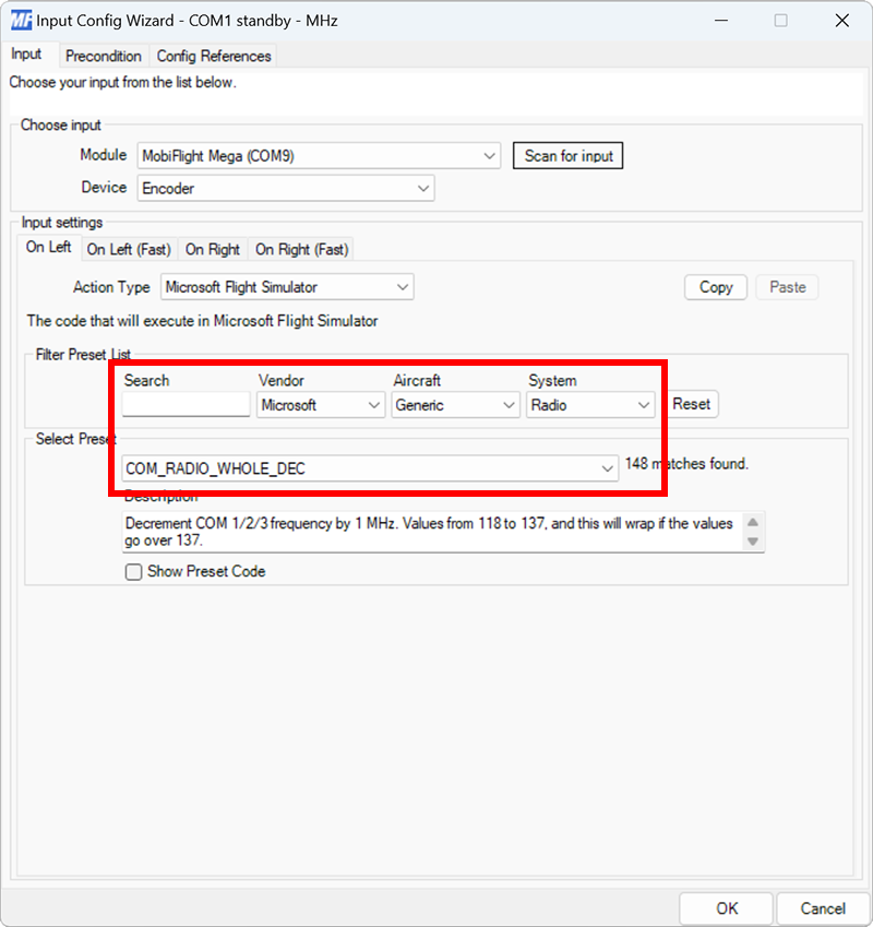 Screenshot of an input configuration, mapped to the encoder, configured as a Microsoft Flight Simulator action type and the On Left event assigned to the COM_RADIO_WHOLE_DEC preset.