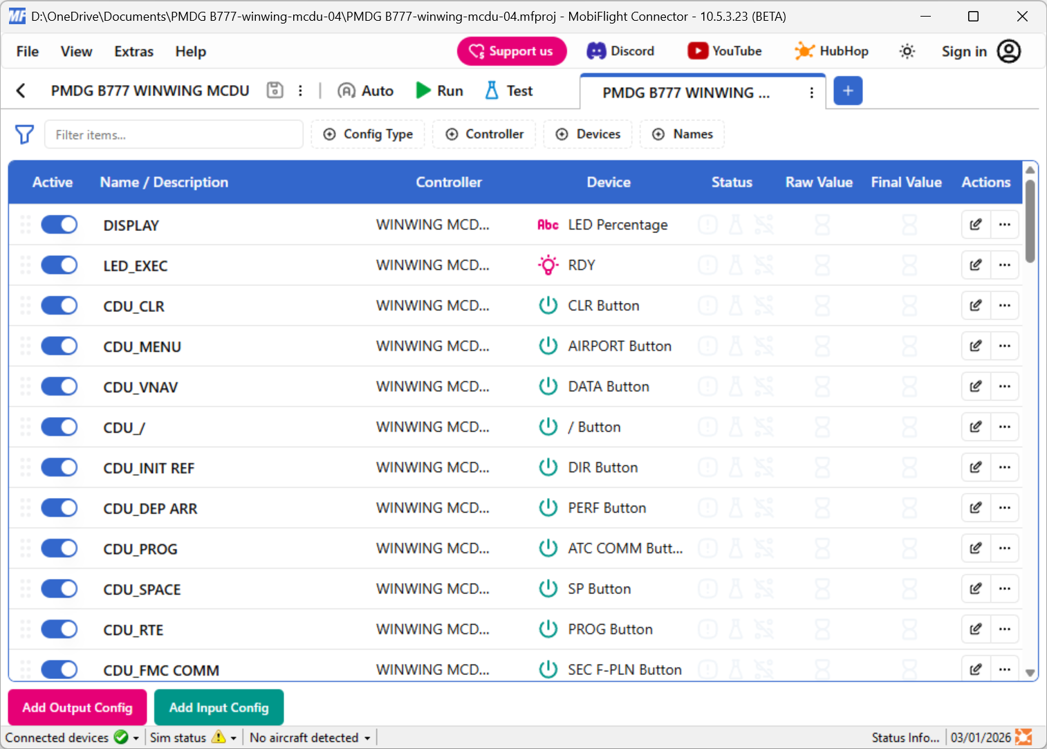 Screenshot of an open MobiFlight project.