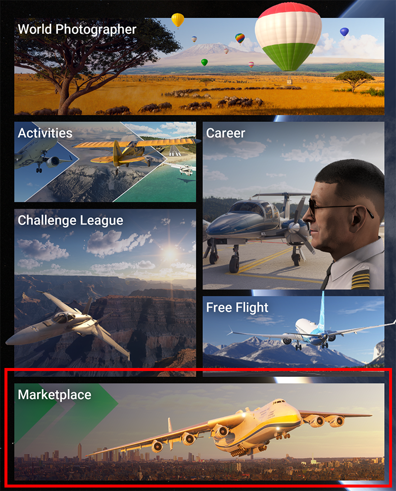 Screenshot of the Microsoft Flight Simulator 2024 main screen with the marketplace button highlighted.