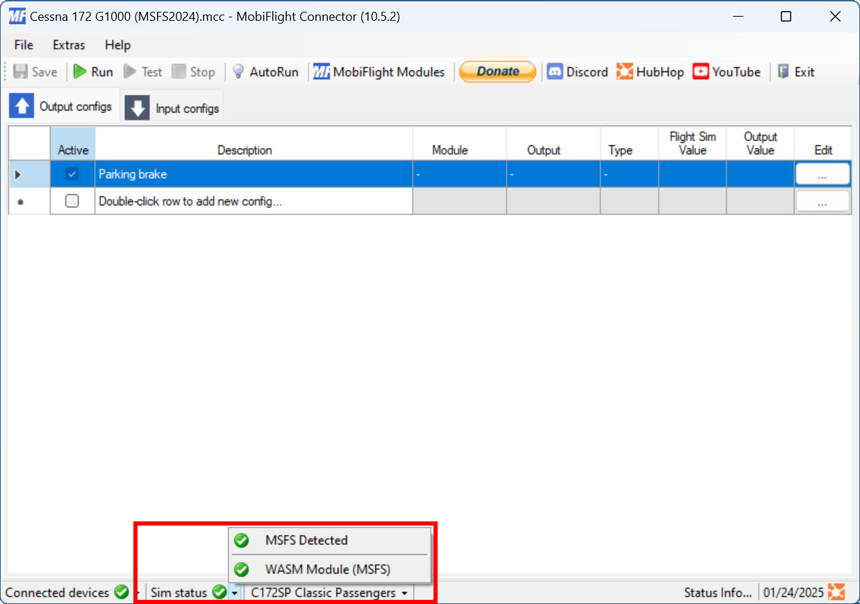 Screenshot of the main MobiFlight window with the sim status menu open and a green checkmark next to WASM Module (MSFS).