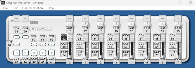 Screenshot of the KORG KONTROL Editor with the default CC numbers applied.